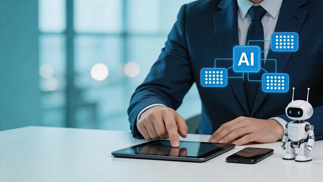 Businessman using tablet with artificial intelligence network diagram and small robot toy on desk, representing automation, machine learning, smart technology solutions, and