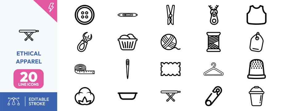 Ethical Apparel icon set. Containing sewing, button, needle, basket, thread, and more. Editable stroke. Vector illustration.