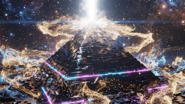 Massive futuristic pyramid structure glowing with neon lights against a cosmic starry background with nebulae