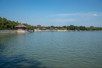 Fototapeta premium Beijing Summer Palace Lake with Classical Architecture and Boats
