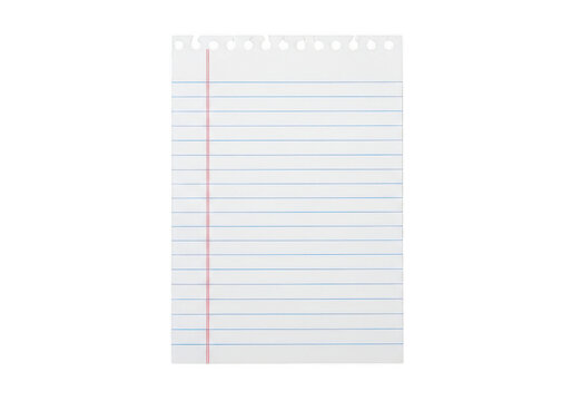 Standard white lined notebook paper sheet with red margin isolated on transparent background.