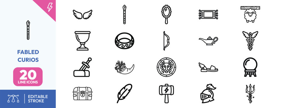 Fabled Curios icon set. Containing wand, wings, goblet, sword, chest, and more. Editable stroke. Vector illustration.