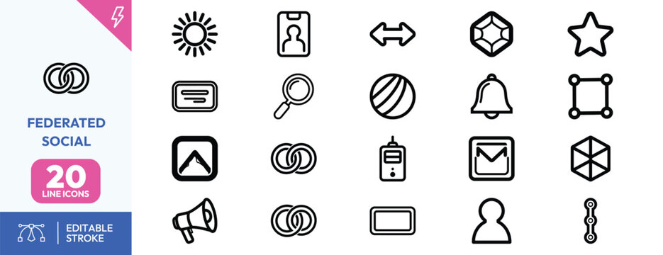 Federated Social icon set. Containing links, notifications, user profile, and more. Editable stroke. Vector illustration.