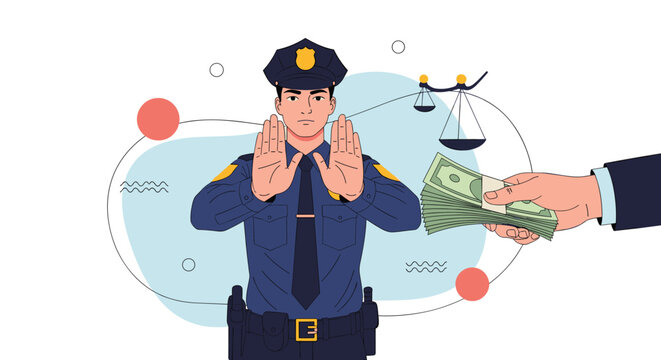 Brave police officer refuses a bribe of cash from an anonymous hand while the scales of justice appear in the background to show integrity.