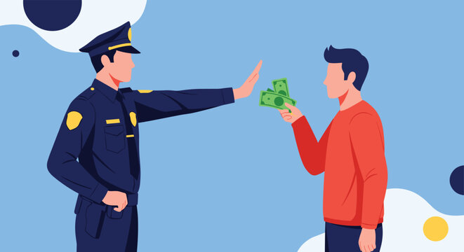Law enforcement officer in a dark blue uniform uses a firm hand gesture to stop a man from offering him a bribe of green dollar bills.