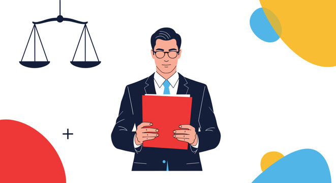 Professional lawyer in a suit holding a red folder stands before the scales of justice against an abstract background.