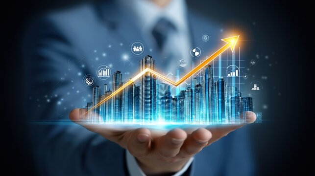 Businessman holding glowing upward trend arrow and futuristic cityscape graph symbolizing financial growth and success