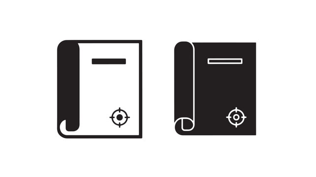 Documents icon set with black and white design and spiral binding featuring office, paperwork, files with folder and document elements for paper,