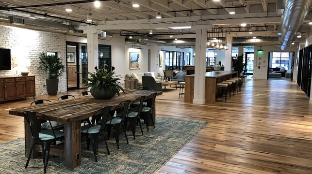 Spacious modern co-working office lounge area with large rustic wooden table and bar seating
