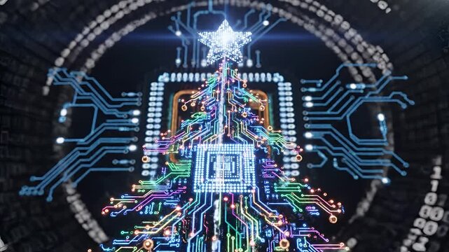 Futuristic Digital Christmas Tree Made of Circuits and Glowing Lights.