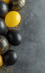 Naklejka premium Festive Yellow and Black Balloons with Gold Confetti Scattered on a Dark Textured Surface