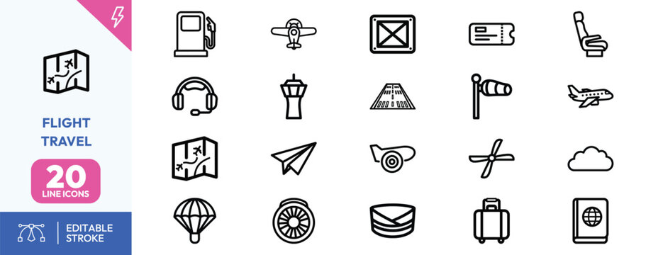 Flight Travel icon set. Containing airplane, luggage, ticket, cloud, and more. Editable stroke. Vector illustration.