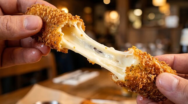 A close-up of hands pulling apart a golden-brown fried cheese stick, showing the melted, stretchy mozzarella inside.