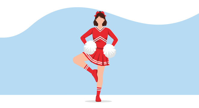 Professional young cheerleader in a red and white uniform holding white pom-poms and posing with one leg up against a blue background.