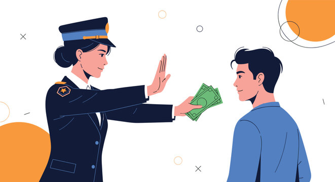 Integrity-focused female police officer in uniform refusing a money bribe offered by a young man for ethical and lawful conduct.
