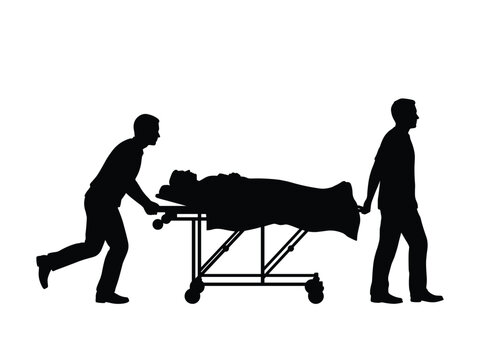 Paramedics transporting a patient on a stretcher depicted as a black silhouette healthcare medical emergency rescue hospital ambulance care treatment health assistance