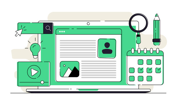 Social Media Marketing Strategy Vector Illustration, Content Planning and Publishing Workflow, Creative Thinking