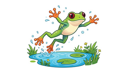Obraz premium Happy green frog jumping into a small blue pond in this fun and colorful vector illustration