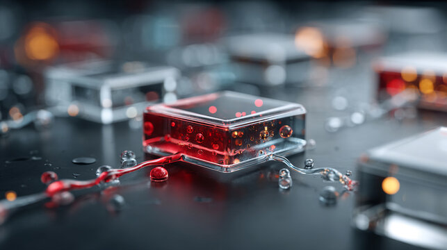 Microfluidic Lab-on-a-Chip Technology with Flowing Liquids, Biomedical Engineering, Nanotechnology Research, Scientific Innovation and Healthcare Visualization Concept 