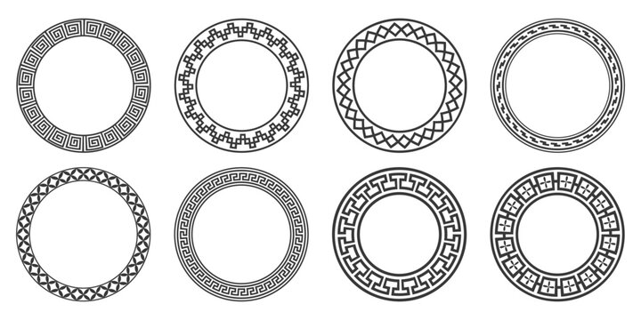 Circle Greek pattern frames with Roman ornament. Round vector border with meander motif. Circular geometric traditional retro style. Neoclassical spartan ethnic design