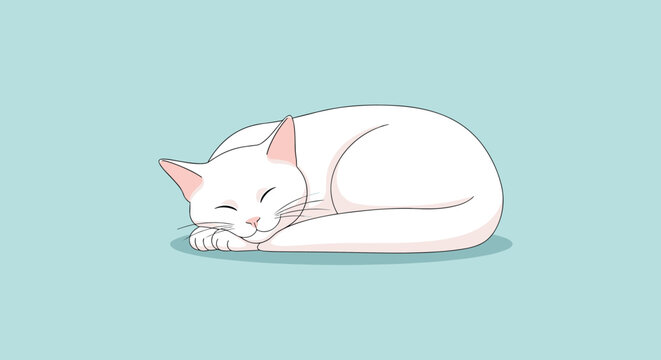 Adorable white cat with pink ears sleeps soundly while curled into a ball on a calming light blue background.