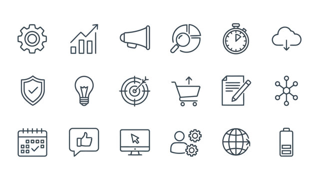 Modern linear icon pack representing business marketing performance and technical digital tools for professional web and mobile application development