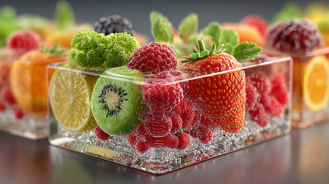 Microfluidic Lab-on-a-Chip Technology for Fruits and Food, Flowing Liquid Nutrients, Monitoring Freshness, 3D Biomedical Visualization, Futuristic Food Science Concept 