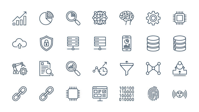 Advanced technical and data science vector icon set featuring neural networks binary code cpu architecture server clusters and data analysis tools for complex backend software development