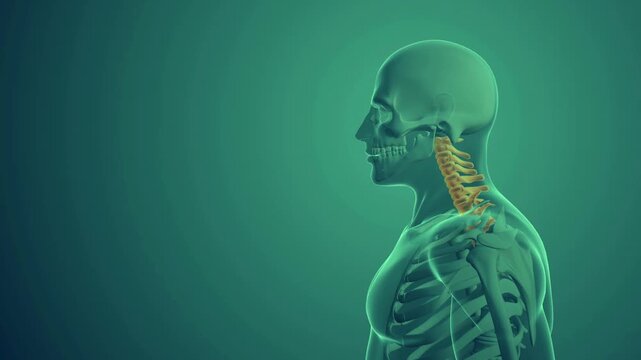 Cervical spine pain medical animation, human neck vertebrae anatomy with glowing orange highlight, skeletal system injury visualization
