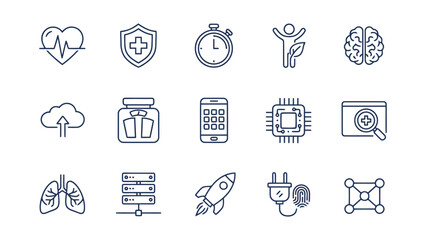 Fototapeta premium Wellness and high-tech innovation icon set featuring fitness tracking smart devices and digital health solutions for modern health and technology branding and application interface design projects