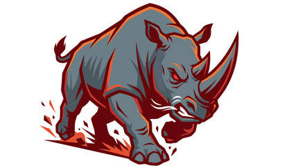 Fototapeta premium Angry charging rhinoceros mascot with glowing orange highlights