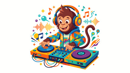 Fototapeta premium Playful monkey dj mixing music with headphones and turntable