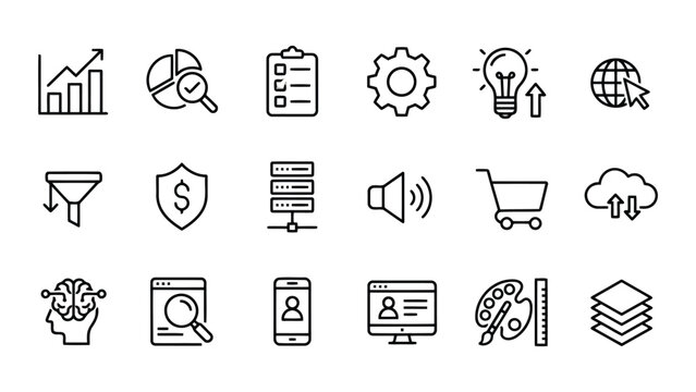 Set of professional business and technology line icons for data management cloud services and digital web development interfaces with clean vector aesthetics