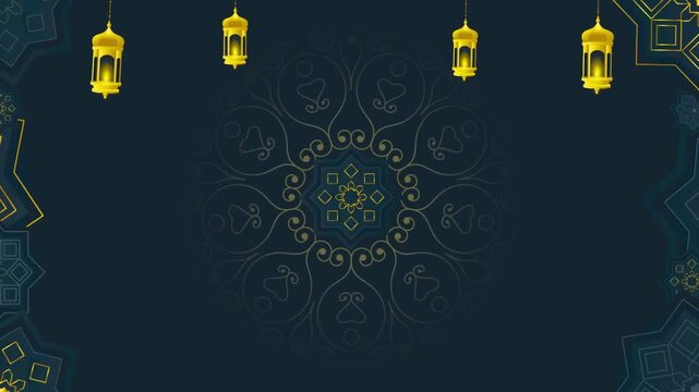 Islamic Ramadan background with golden lanterns, elegant mandala pattern on dark blue, traditional Arabic greeting video backdrop