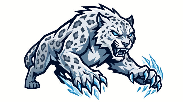 Snow leopard mascot lunging forward with sharp ice claws