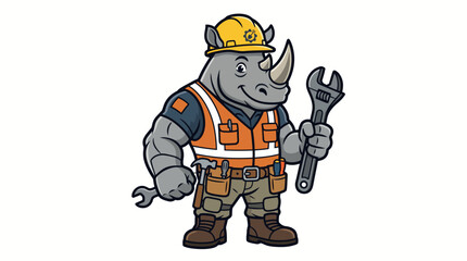 Fototapeta premium Rhinoceros construction worker mascot holding a wrench