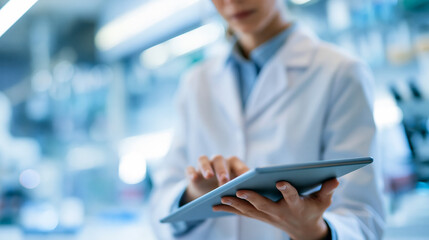 Obraz premium Researcher analyzing viral disease data on a tablet in a laboratory setting during daylight hours, clinical virology and epidemiology research concept, faceless, face not clearly