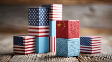 Obraz premium Wooden Blocks with US and China Flags Stacked Symbolizing International Trade Relations and Geopolitics
