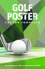 Naklejka premium Golf poster template with ball, metal club and dynamic background