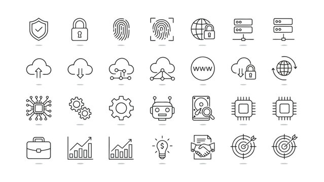 Professional collection of outline technology and data security icons featuring server networking cloud computing and artificial intelligence concepts for modern enterprise digital solutions