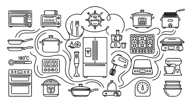 Creative kitchen appliance vector icon set with cooking and timer illustrations