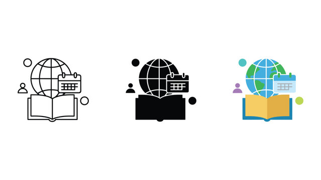 International student study abroad program icon set with open book and globe and calendar