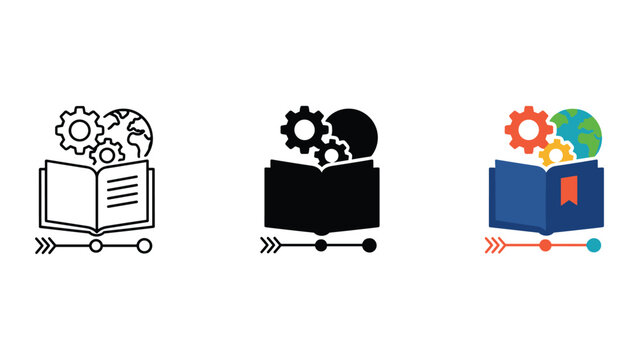 Global education and study development icon set with open book and gears and globe illustration