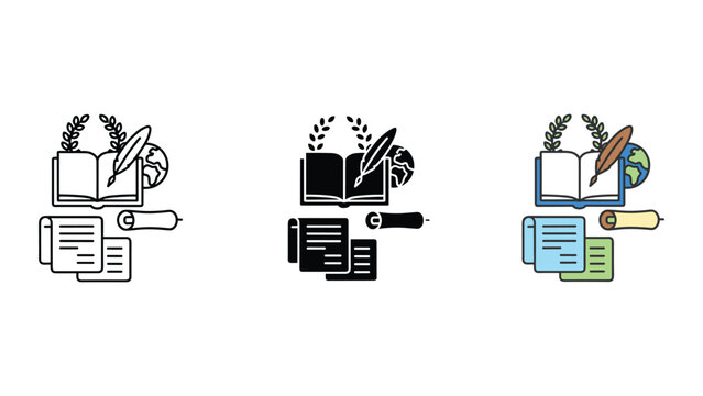 Literary and historical education icons with open book and quill pen and ancient scrolls set