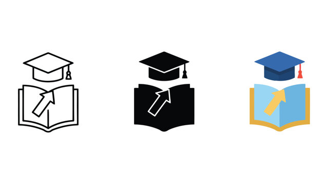 Graduation cap and open book icon set featuring arrow upward symbol for educational growth and academic success concepts in outline flat and solid styles