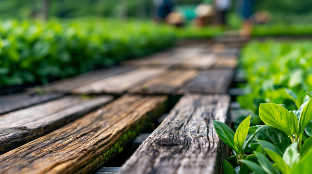 Point-of-view shot moving forward along a rustic wooden pathway over a vibrant green snail farming field with workers visible in the distance, alternative protein farming and