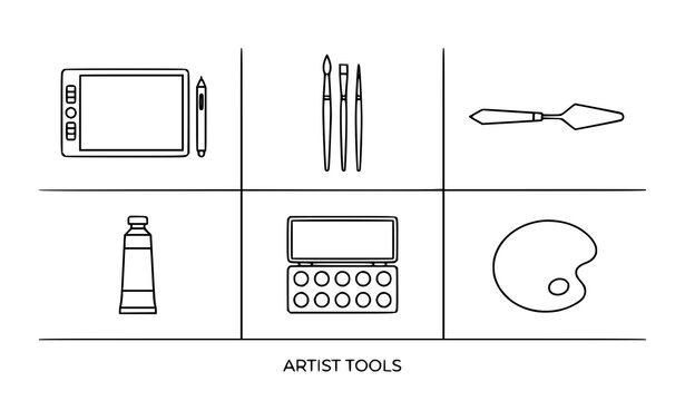 Minimal Artist Tools Line Drawing Collection Featuring Tablet Stylus Brushes Paint Palette Knife and Supplies Vector Illustration