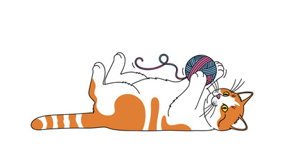 Fototapeta premium Playful orange and white cat lies on its back while batting at a colorful ball of yarn on a clean white background.
