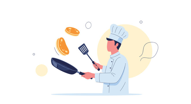 Talented male chef in a white uniform flips golden pancakes in a frying pan with skill and precision against an abstract backdrop.