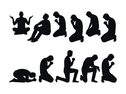 Collection of human figure silhouettes in various praying and supplication poses depicted as a black silhouette kneeling worship devotion religious spiritual faith belief